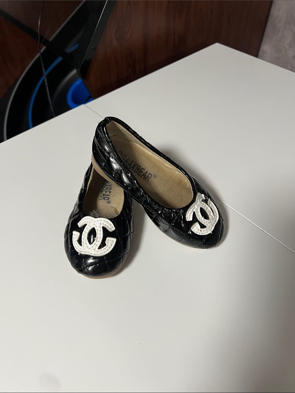 Black Quilted Kids Ballet Flats with White Emblem Accent like mommy’s Chanel’s